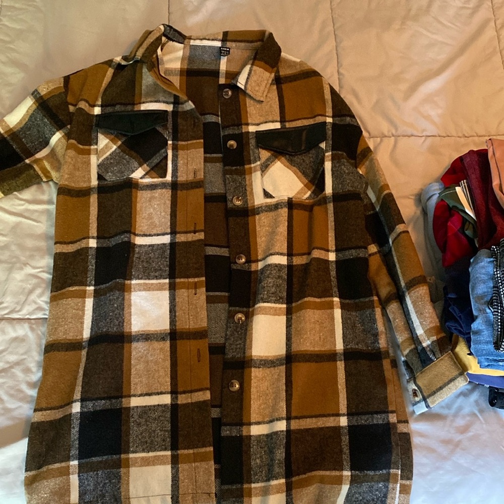 Medium brown black and white flannel trench coat